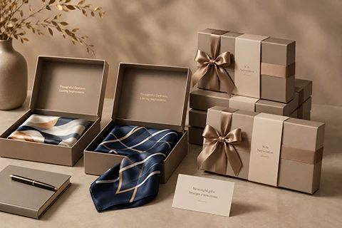 Custom silk scarves prepared for corporate gifting programs