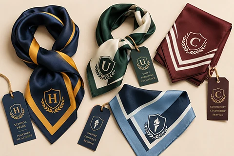Custom club scarves with coordinated colors, crests and member gift details