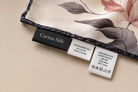 woven labels and care labels for silk scarves – 1 Woven brand and care labels for museum scarves