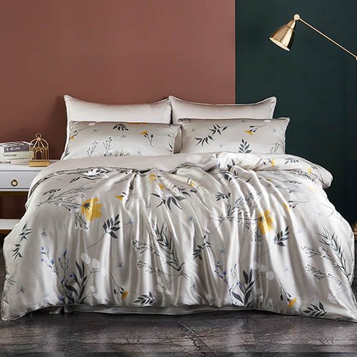 Printed silk bedding set with custom floral artwork