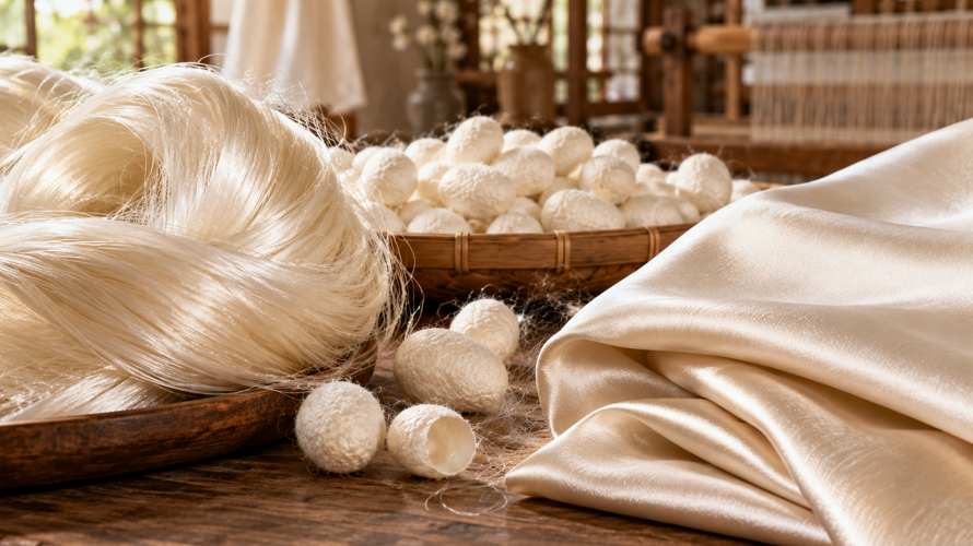 Silk production from cocoons to yarn, loom, dyed silk fabric and finished scarf arranged in a premium textile studio
