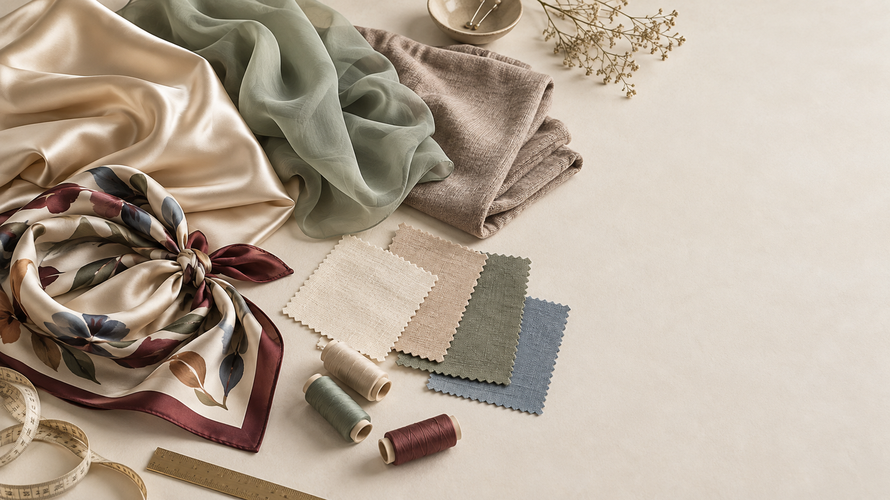 Head scarf fabric swatches including silk, chiffon and textured woven fabrics arranged for comparison