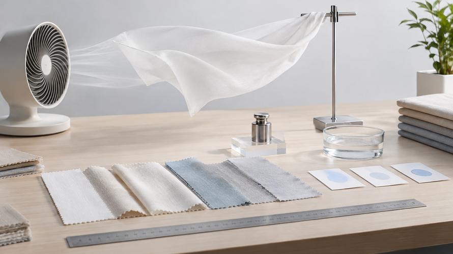 Breathable fabric performance testing with drape GSM and moisture samples