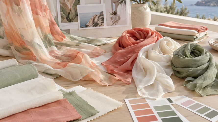 Warm-weather scarf development with breathable fabric swatches and hems