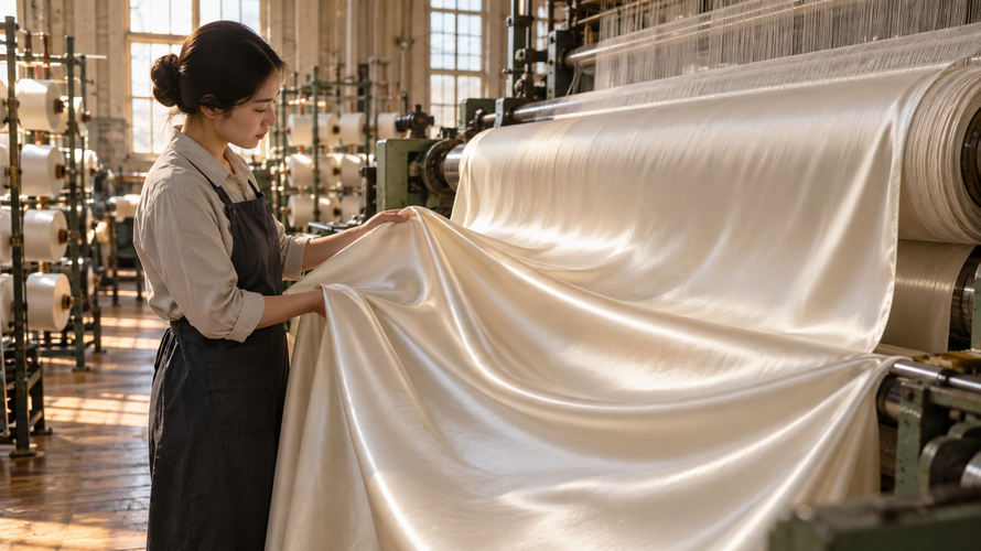 charmeuse mill inspection Satin weave fabric inspected on a roll in a textile mill