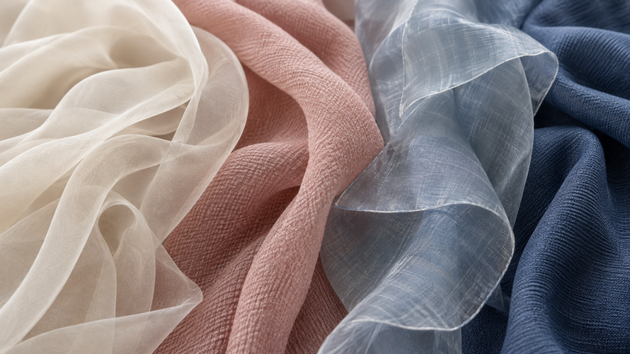 Silk chiffon, georgette and organza swatches compared by texture and transparency