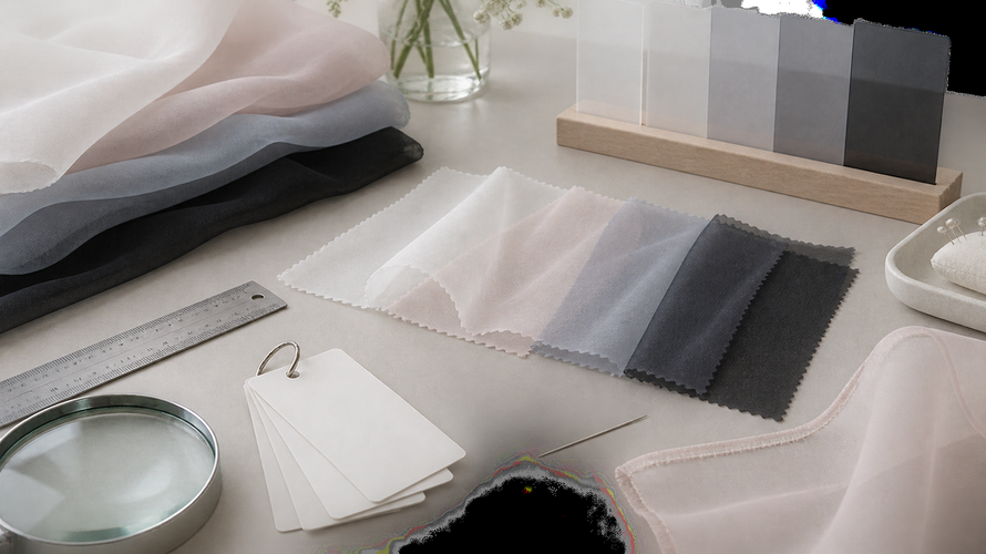 Chiffon swatches, opacity cards, ruler and narrow hem sample for quality checks
