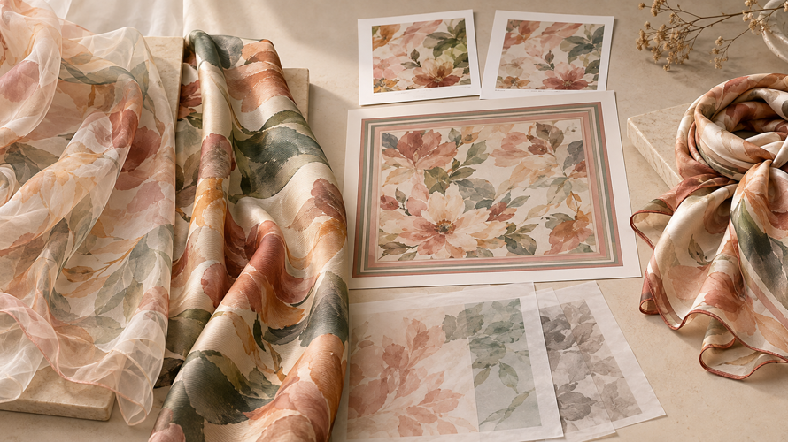 Custom scarf material development comparing silk chiffon and silk twill with artwork, border and hem samples