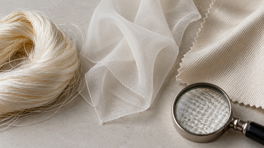 Chiffon and silk textile comparison with yarn, plain-weave structure, silk filament and finished swatches