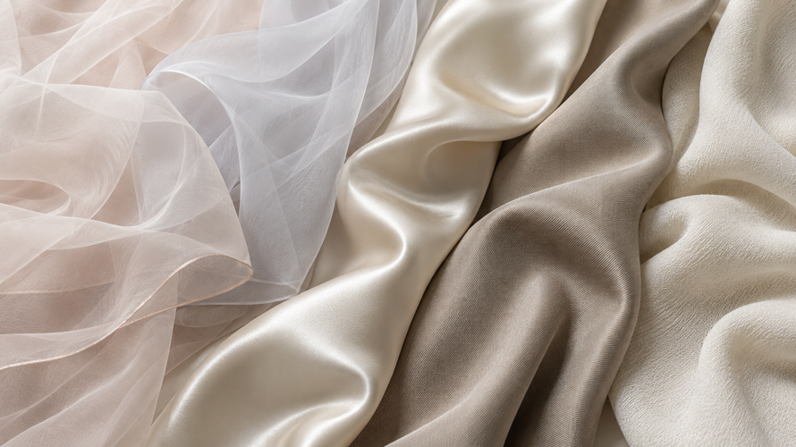 Silk chiffon, polyester chiffon, silk satin and silk twill swatches compared for transparency and drape
