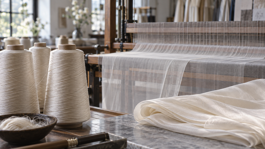 Fine yarns and sheer chiffon fabric on a textile weaving frame