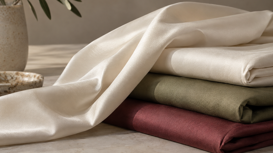 Cotton sateen fabrics with smooth subtle lustre in a neutral studio