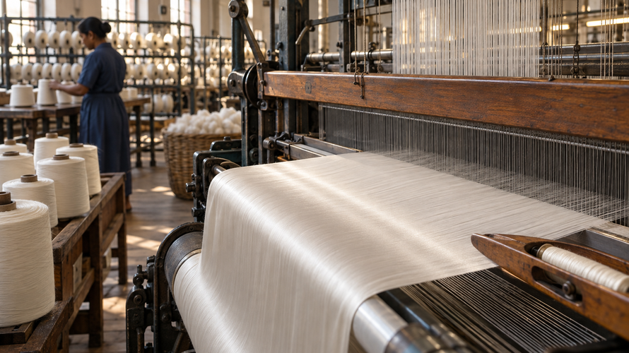 Cotton yarns and loom producing sateen fabric in a textile mill