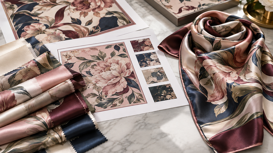 custom charmeuse scarf development Custom charmeuse scarf development with printed satin swatches and rolled hem