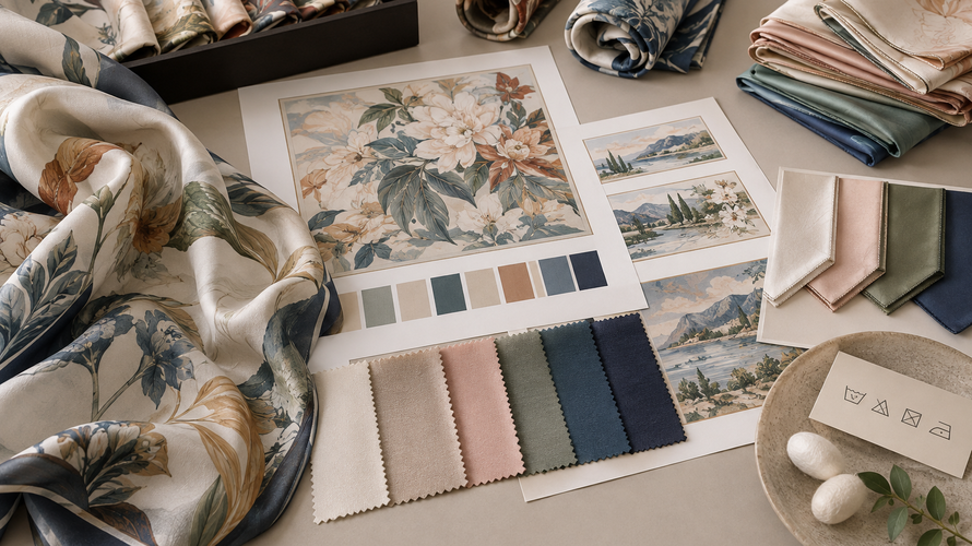 Custom scarf sampling table with silk and polyester swatches and print strike-offs