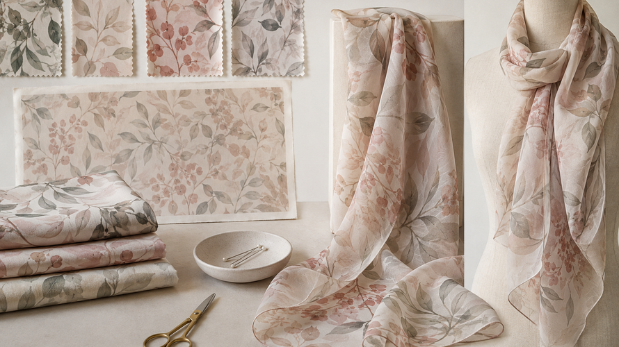 Custom voile scarf development with printed swatches strike-off and delicate hems