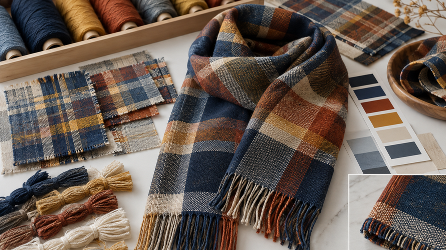 Custom yarn-dyed scarf development with plaid swatches colour standards and finished hem