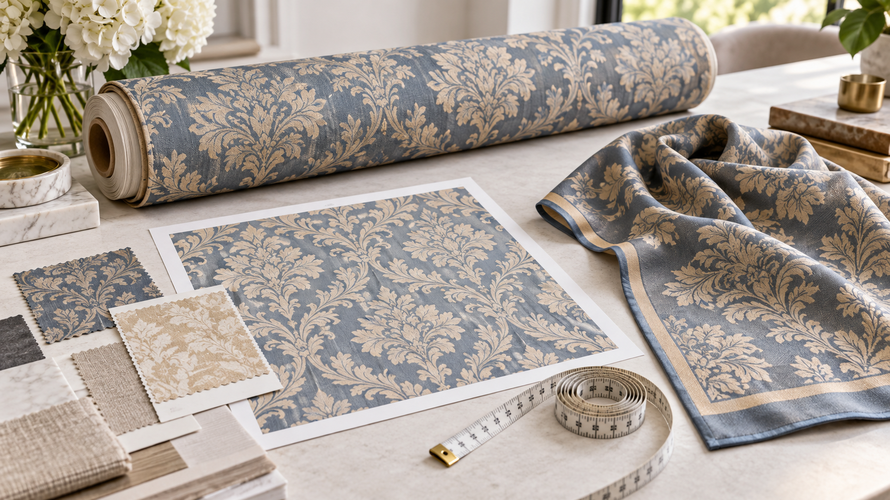 Damask fabric roll, finished scarf panel and repeat artwork for buyer approval