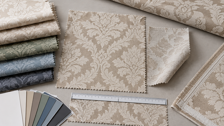 Damask swatches, pattern repeat ruler and colour cards for quality checks