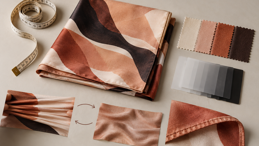 Head wrap buyer checks with grip, coverage, width, stretch, opacity and finished edge samples