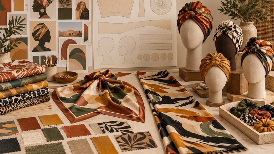 Custom head wrap collection development with fabric swatches, size chart, artwork and finished samples