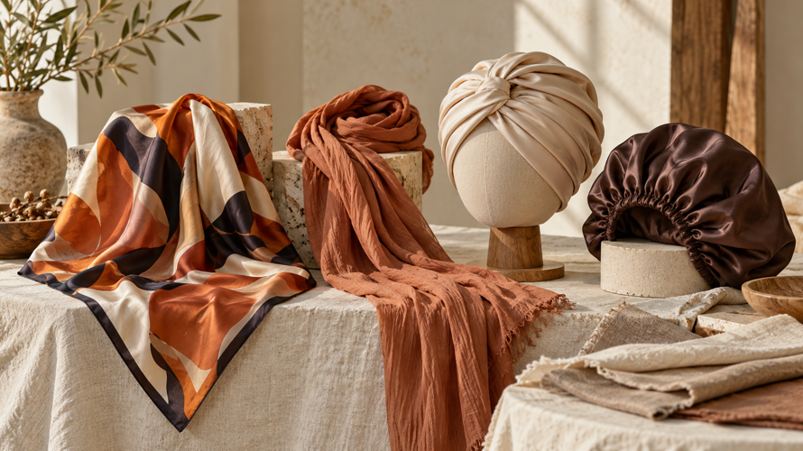 Different head wrap formats including square silk scarf, long rectangular wrap, turban and bonnet arranged with fabric swatches