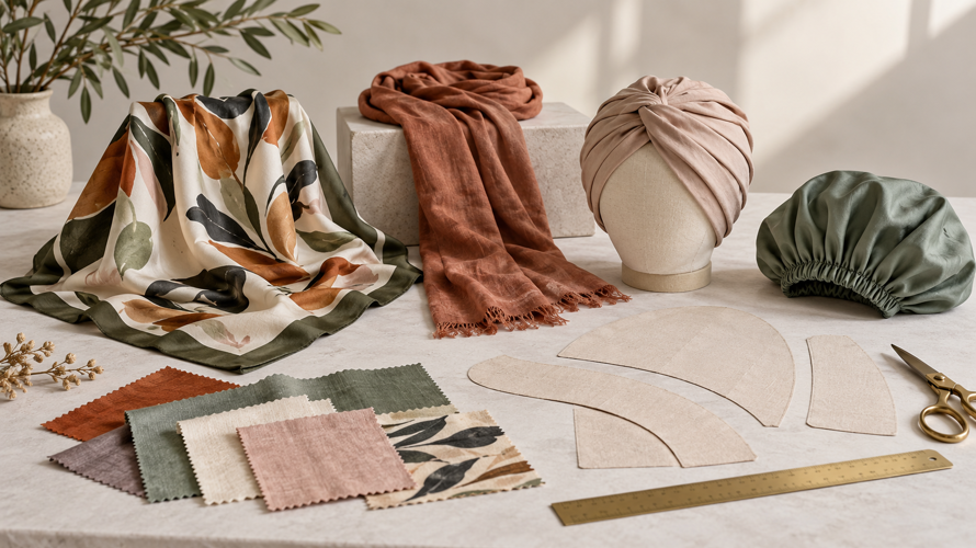 Head wrap product development with square scarf, rectangular wrap, turban pattern pieces and fabric testing notes