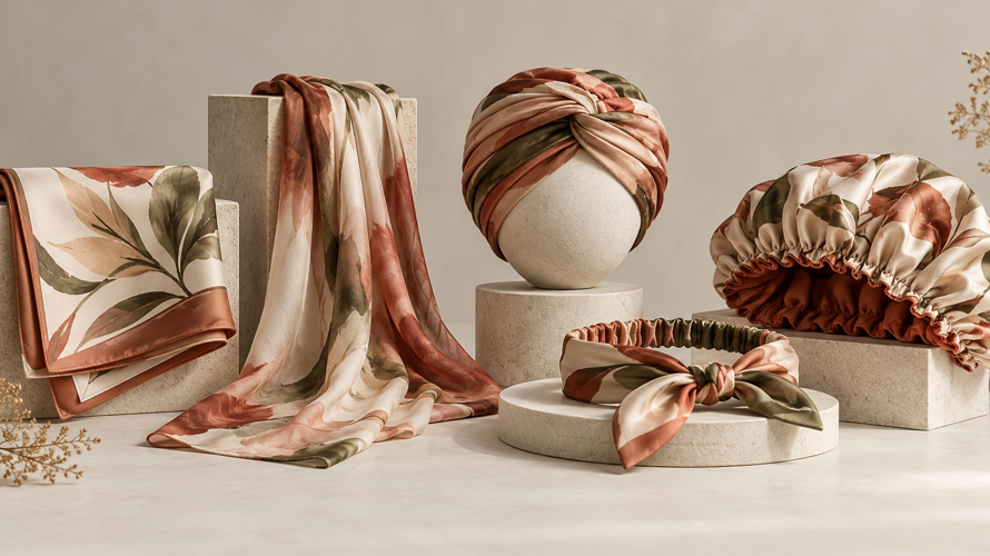Different head wrap formats displayed as square scarf, long wrap, turban, bonnet and head tie samples