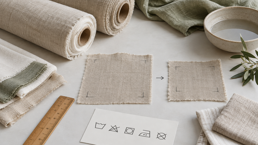 Linen fabric shrinkage test with marked swatches, ruler, wash-care card and before-and-after fabric samples