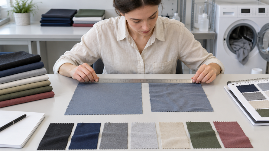 Polyester buyer checks with composition, heat, GSM, width, dimensional stability, colour and care records