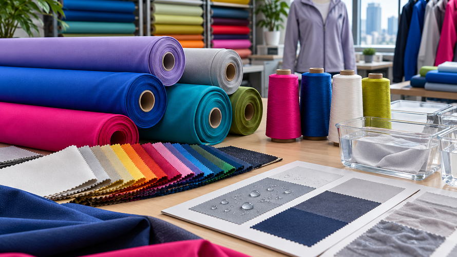 Custom polyester scarf development with heat test, print strike-off, colour cards, hem sample and finished review