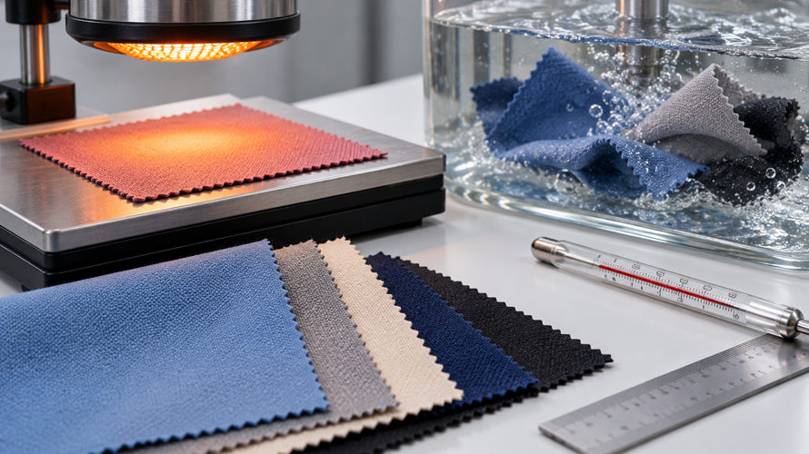 Polyester shrinkage testing with marked length and width points, washing, drying and heat comparison