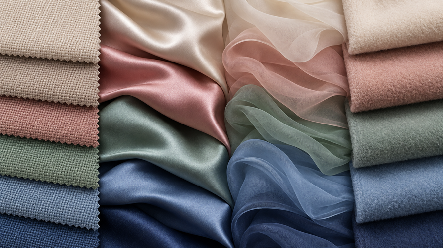 Filament polyester, spun polyester, polyester satin, recycled polyester and polyester blend swatches compared by construction