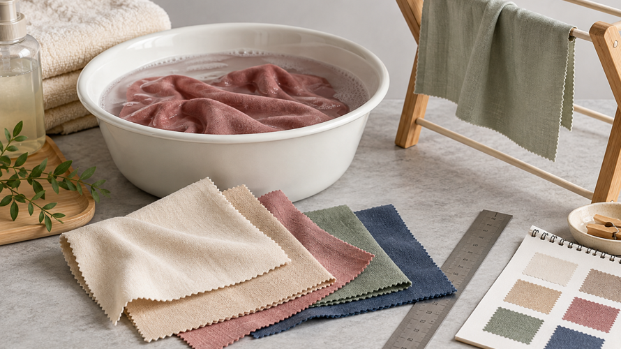 Rayon buyer checks with length, width, skew, care instruction, test record and finished sample