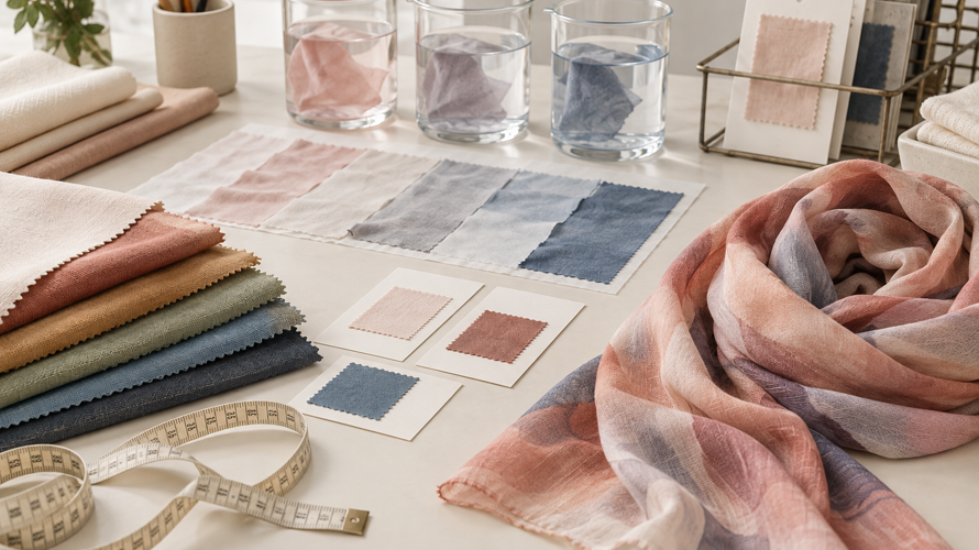 Rayon scarf development with printed strike-off, dimensional test pieces, hem sample and care approval