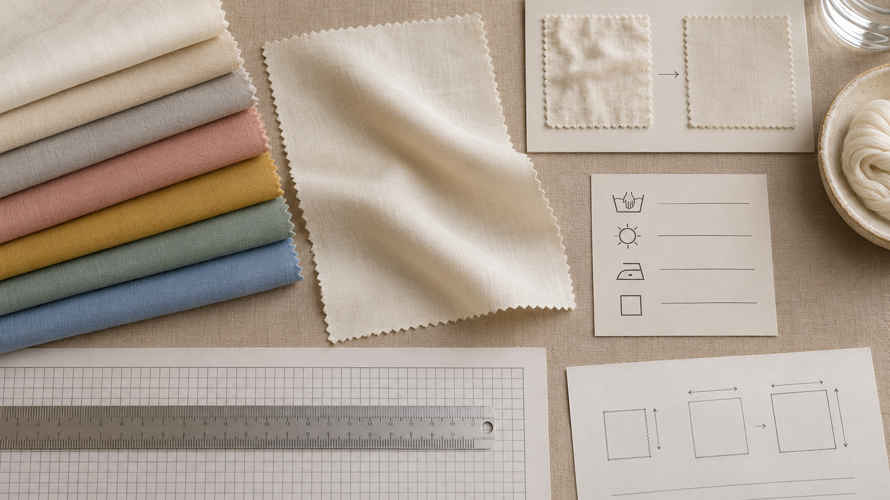 Rayon fabric shrinkage test with marked swatches, measuring grid, care card, ruler and before-and-after samples