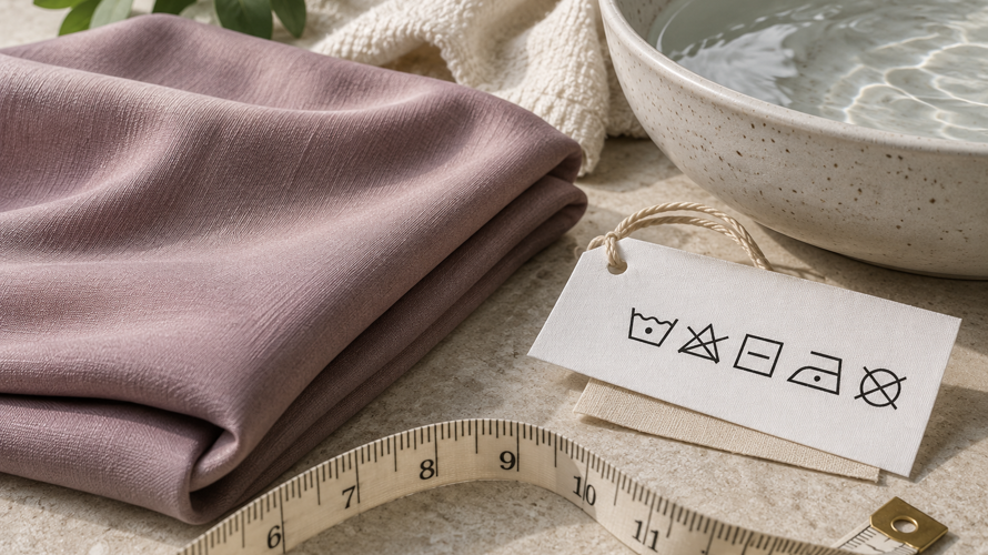 Rayon fabric shrinkage test with marked dimensions, washing care setup, drying method and comparison board