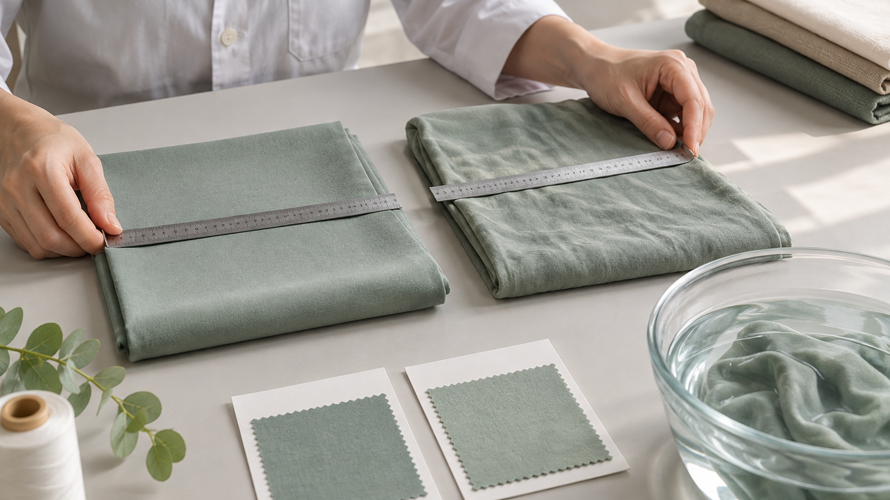 Tencel lyocell shrinkage testing with marked length and width points, washing route and drying comparison