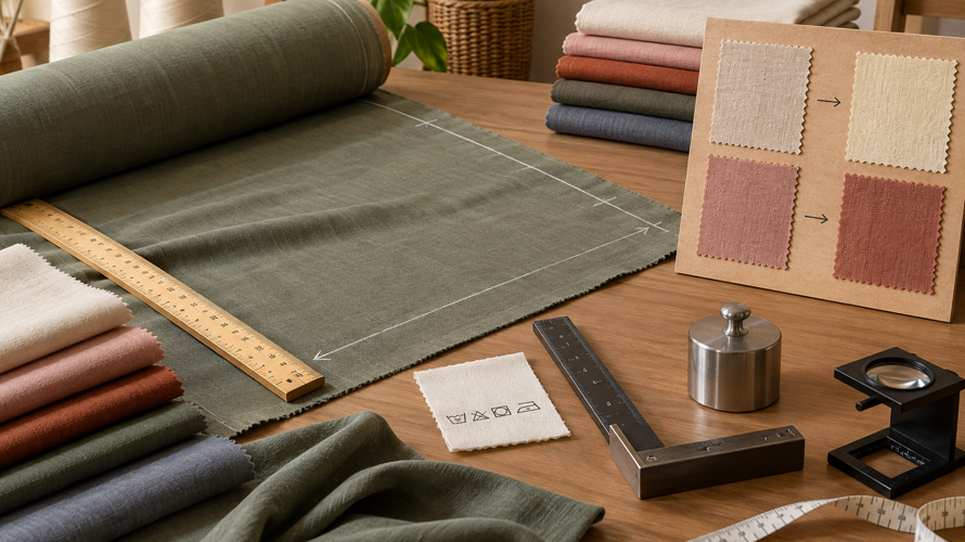 Viscose buyer checks with length, width, skew, care label, sample board and measurement record