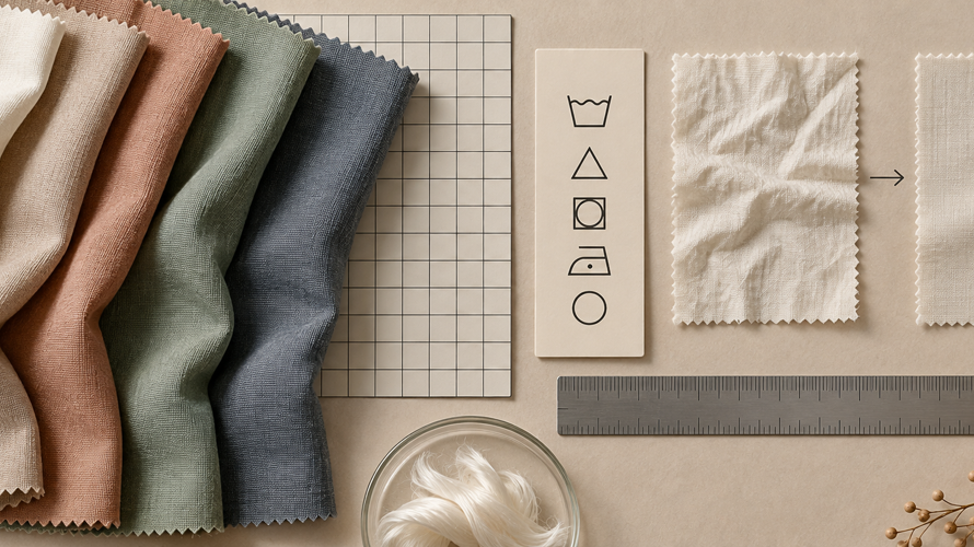 Viscose fabric swatches beside a dimensional measurement grid, care label and before-and-after sample for shrinkage testing