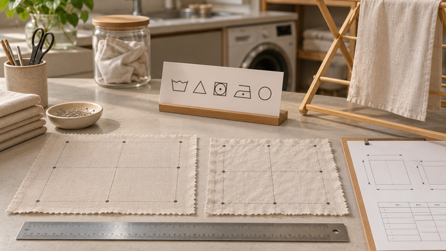 Viscose fabric shrinkage test with marked dimensions, wash-care setup, drying rack and before-and-after measurements
