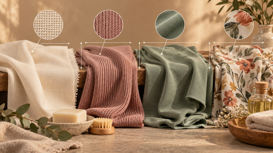 Viscose woven, knitted and blended fabric swatches compared for drape, stretch and dimensional stability