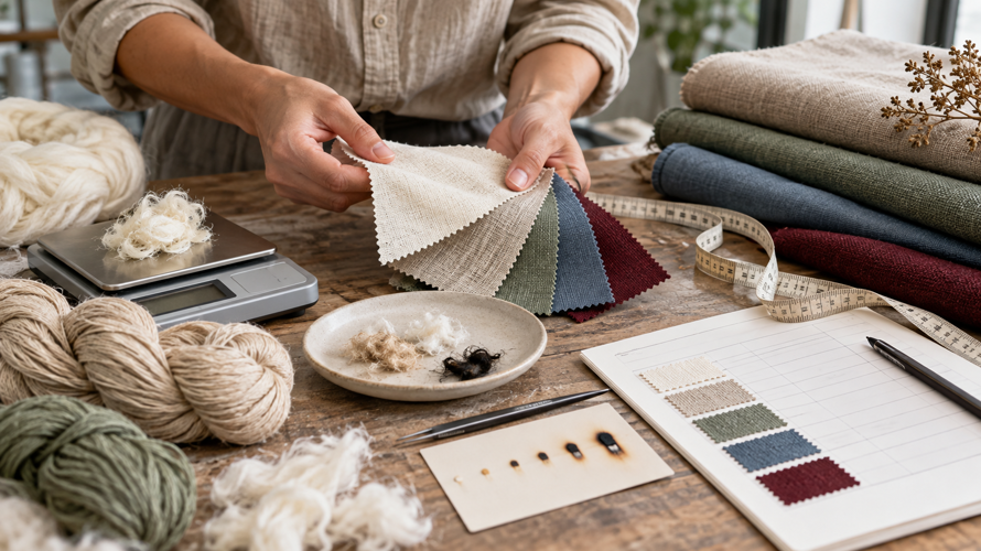 Fabric composition buyer checks with label, laboratory report, swatch, weight and construction notes