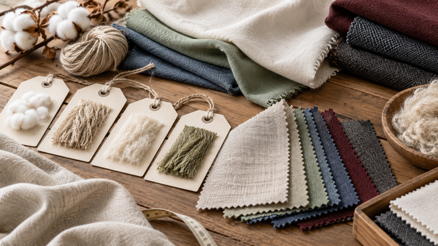 Textile fibre composition labels and blended fabric swatches arranged for a buyer specification review
