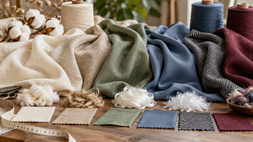 Single-fibre and blended fabrics labelled by cotton, silk, viscose, polyester and elastane percentages