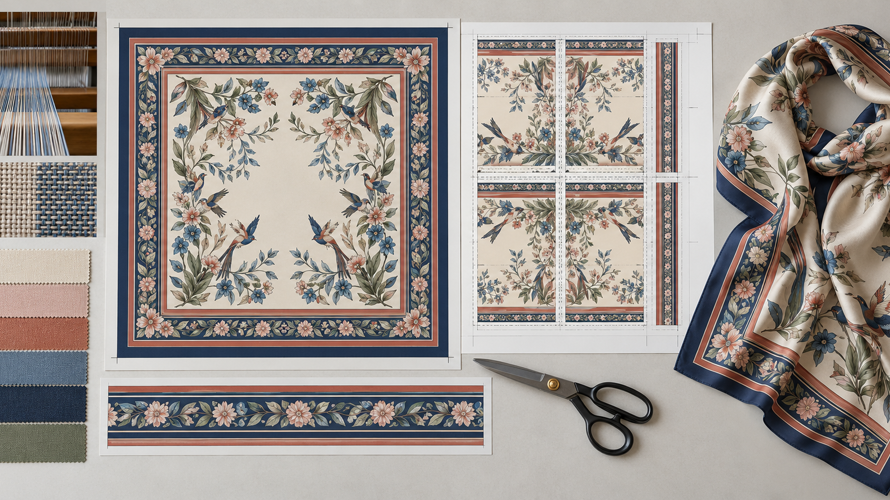 Printed scarf development with grainline, border artwork, cutting layout and hem alignment review