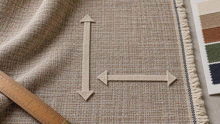 Woven fabric with visible warp, weft, selvedge and bias arrows beside a cutting and print-placement plan