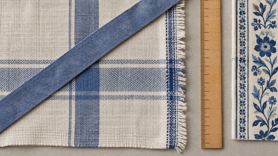 Fabric grain inspection with warp and weft yarns, selvedge, bias arrows, cutting plan and print alignment marks