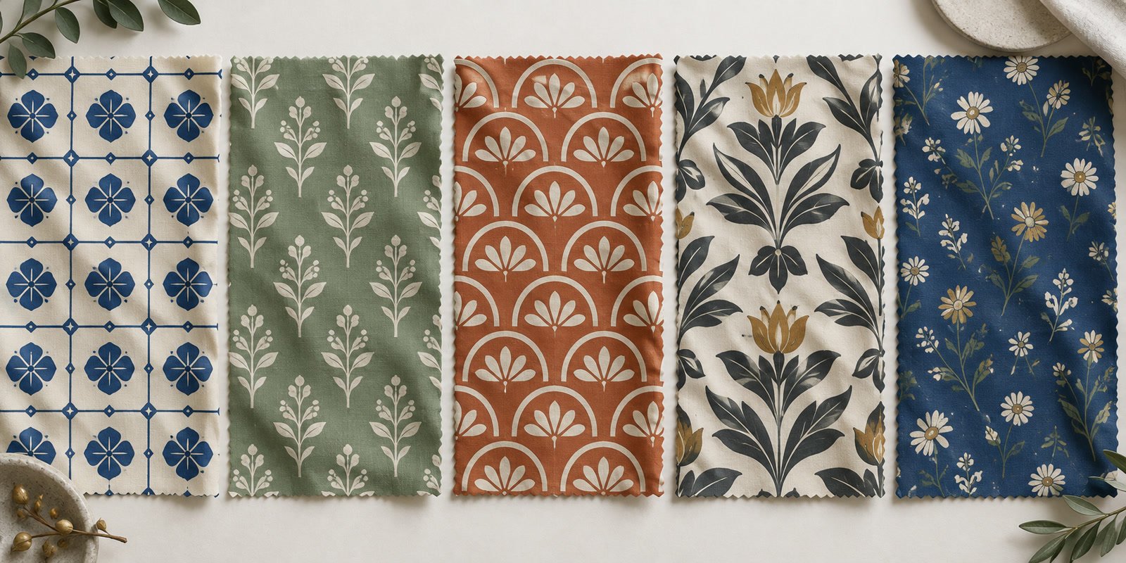 Five fabric sample panels showing straight, half-drop, brick, mirror and tossed repeat layouts