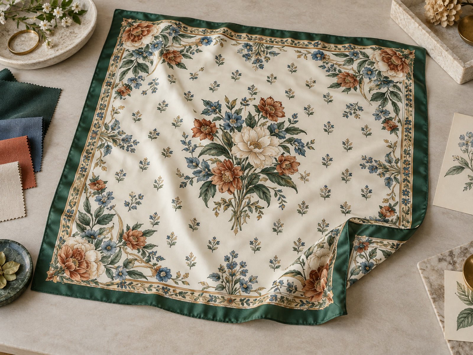 Printed silk scarf showing border, centre placement and repeat artwork